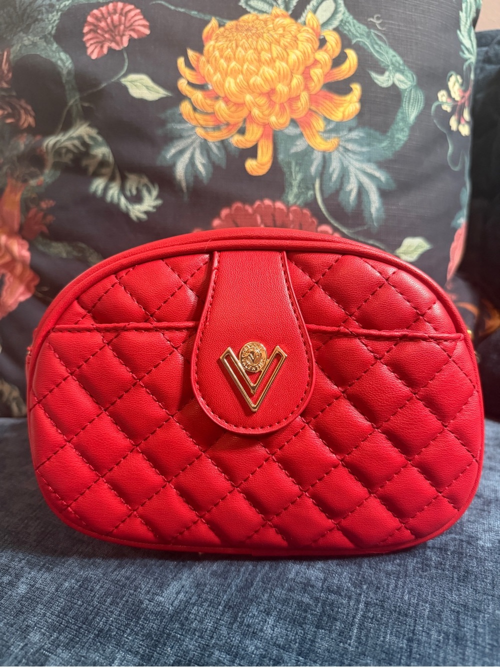 Valentino Orlandi Red Quilted Cosmetic Pouch with Gold V Logo